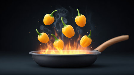 A stunning depiction of bright yellow peppers seemingly flying above a hot frying pan, surrounded by flames, creating an exciting culinary scene.の素材