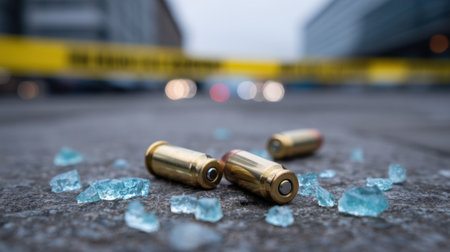 This striking image captures bullet casings and broken glass on an urban street, with crime scene tape blurred in the background, evoking tension and danger.の素材