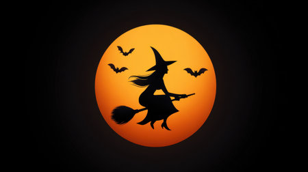 A captivating illustration featuring a silhouetted witch flying on a broomstick against a large orange moon, surrounded by flying bats, perfect for Halloween.の素材