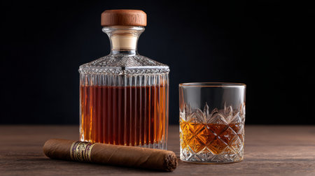 Capture the essence of sophistication with this image featuring a whiskey decanter, a glass, and a cigar on a rustic wooden table. Perfect for evoking a sense of luxury and indulgence in any setting.の素材