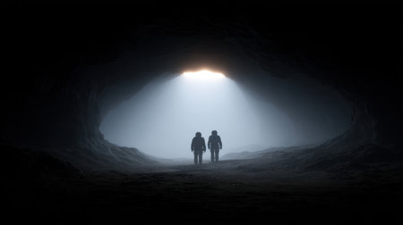 Two figures venture into a dimly lit cave, where soft light breaks through darkness, creating a mysterious and serene atmosphere perfect for adventure.の素材