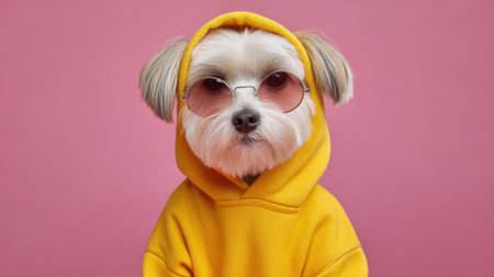A charming dog wearing a soft yellow hoodie and trendy sunglasses poses against a dazzling pink backdrop, exuding a playful and spirited vibe.の素材