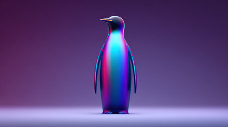 This modern penguin sculpture showcases an artistic interpretation with a colorful and reflective surface, set against a dynamic purple background.の素材