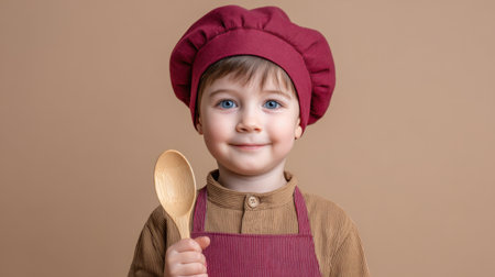 A cheerful young child wearing a chef hat and apron holds a wooden spoon, radiating joy and innocence against a solid background, perfect for family or culinary themes.の素材