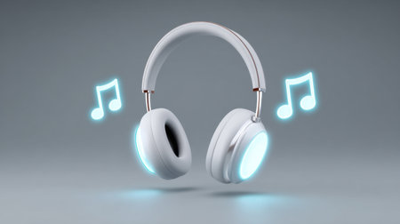A stylish pair of modern white headphones with light effects rests against a gray background, complemented by floating musical notes, ideal for music enjoyment.の素材