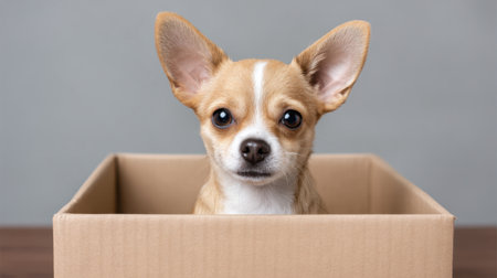 A charming Chihuahua puppy with striking large ears sits adorably in a cardboard box, exuding innocence and curiosity in a warm indoor setting.の素材