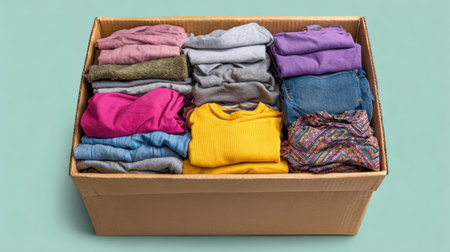 A well-organized cardboard box filled with neatly folded clothes, showcasing vibrant colors and diverse fabrics, perfect for storage or donation purposes.の素材