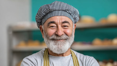 A joyful older baker stands proudly in his bakery, wearing a striped hat and apron. The bright interior showcases shelves filled with fresh bread, giving a warm and inviting atmosphere to the scene.の素材