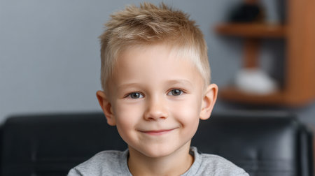 A joyful young boy with light hair smiles warmly while sitting indoors. His cheerful expression captures the essence of childhood happiness in a modern setting.の素材