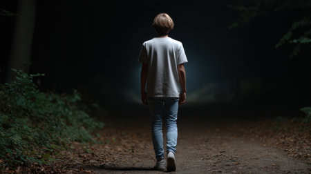 A young person walks alone on a dark forest path, illuminated by soft light in the distance, evoking emotions of solitude, journey, and contemplation.の素材