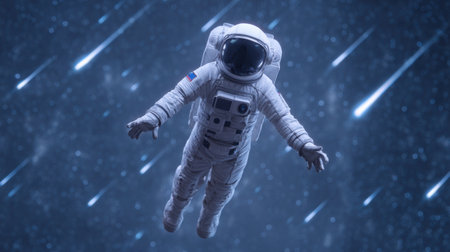 An astronaut in a white suit floats in the vastness of space, surrounded by dazzling shooting stars, creating a captivating cosmic scene.の素材