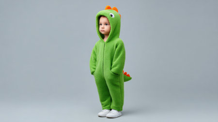 A charming child models a vibrant green dinosaur onesie with a hood, showcasing playful spikes along the back. Ideal for showcasing imaginative children's wear.の素材