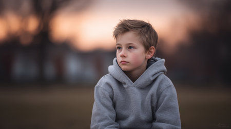 A young boy sits alone outdoors during sunset, showcasing a thoughtful expression. His hoodie and the warm background create a peaceful atmosphere perfect for reflection.の素材