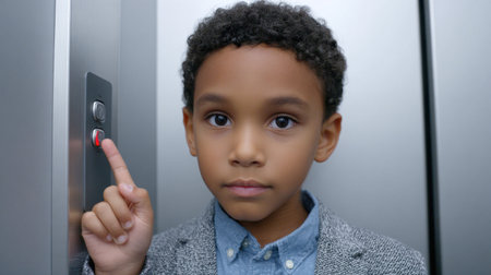 A young boy stands inside an elevator, pressing a button with a serious expression. His stylish gray attire contrasts with the metallic interior, showcasing childhood curiosity and anticipation in a modern space.の素材