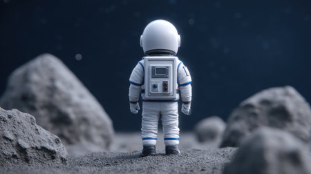 A solitary astronaut stands on the moon, gazing at a stunning celestial view filled with stars and rocky terrain, symbolizing human exploration and curiosity.の素材