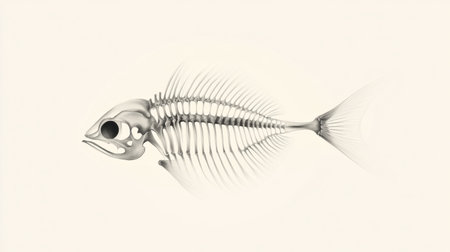 This illustration features a detailed fish skeleton, showcasing the intricate bone structure and anatomical features against a clean and minimalist backdrop.の素材