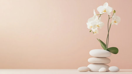 A delicate white orchid perched gracefully on smooth stones against a soft beige background, perfect for themes of tranquility and serene beauty in wellness-focused visuals.の素材