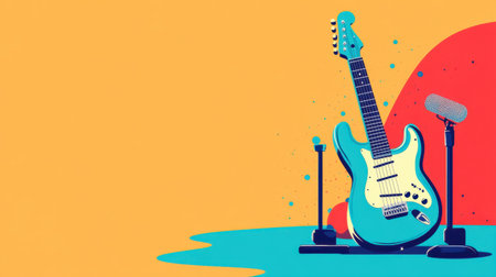 A vibrant and colorful illustration featuring an electric guitar and microphone set against a bold background, perfect for music, creativity, and performance themes.の素材
