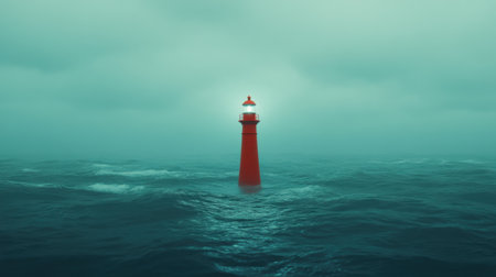 A striking imagery of a red lighthouse standing tall amidst rough sea waters and ominous clouds, symbolizing hope and safety in tumultuous maritime conditions.の素材