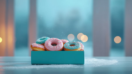 A vibrant display of colorful donuts featuring pink and blue frosting in a teal box. Perfect for winter celebrations, these treats offer a joyful sweet experience.の素材