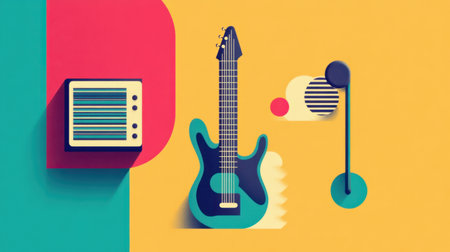 Bright and vibrant abstract illustration showcasing a guitar and amplifier along with various shapes. Perfect for music-related themes, creativity, and art projects.の素材