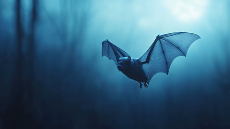 A striking image of a bat soaring gracefully through a fog-laden forest, creating a magical yet eerie atmosphere with its dark silhouette and mysterious blue hues.の素材