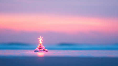 A beautifully crafted arrangement of seashells shapes a small Christmas tree adorned with a star, capturing the enchanting sunset and tranquil beach atmosphere.の素材
