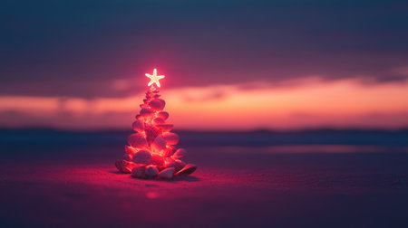 A stunning representation of holiday spirit, this unique Christmas tree made from seashells and illuminated by a star shines against a beautiful beach sunset, evoking warmth and joy.の素材