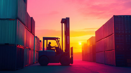 A silhouette of a forklift operator works among towering shipping containers at sunset, showcasing vibrant colors and capturing the essence of logistics and industrial operations.の素材