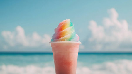 A vibrant rainbow ice cream cone in a cup sits against a stunning beach backdrop, showcasing bright colors and evoking feelings of summer fun and enjoyment.の素材