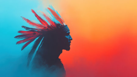A striking silhouette of a man adorned with colorful feathers against a vibrant background symbolizes cultural heritage and artistic expression in a soft-lit atmosphere.の素材