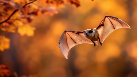 A stunning bat soars through the air, captured in mid-flight against a backdrop of vibrant autumn leaves and soft evening light, showcasing the beauty of wildlife.の素材