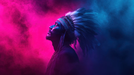 An artistic portrait of a Native American man in a traditional headdress, set against a vibrant backdrop of colorful smoke, capturing cultural pride and expression.の素材