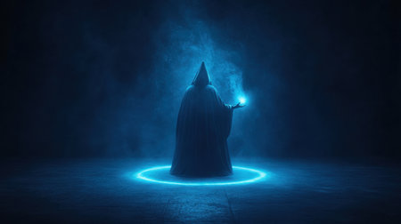 Explore the captivating scene of a hooded figure conjuring a glowing orb of energy in a dark, atmospheric space, evoking feelings of mystery and magic.の素材