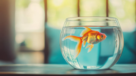 A lively goldfish swims in a clear bowl, embodying tranquility amidst gentle lighting. This image captures the joy and serenity of aquatic life in a home setting.の素材