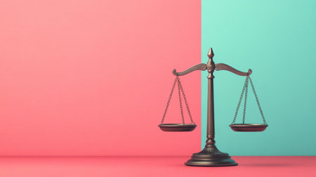 A striking visual of bronze scales of justice positioned on a vibrant pink and teal background. This image embodies themes of fairness, balance, and legal principles in modern society.の素材