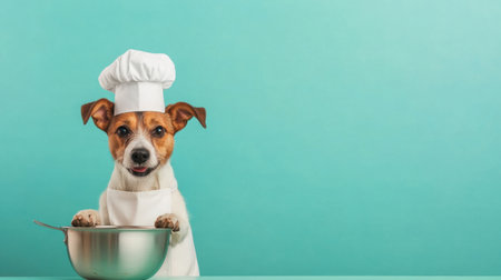 A cheerful dog dressed as a chef stands beside a mixing bowl, exuding charm and playfulness in a vibrant kitchen. Perfect for food or pet-related themes.の素材