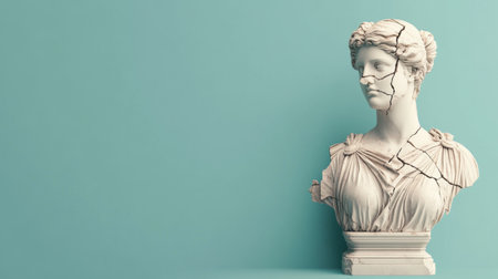 This image features a cracked white marble bust statue set against a soft teal background, symbolizing the beauty and impermanence of art and culture in a modern context.の素材
