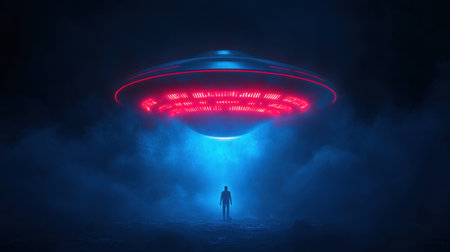 An enigmatic scene depicting a silhouette of a human figure standing beneath a glowing UFO, surrounded by an atmospheric blend of blue and red lights, evoking wonder and mystery.の素材