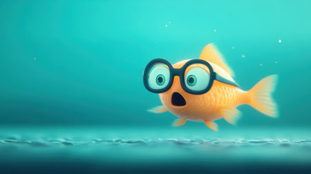 This whimsical illustration features a cute surprised goldfish wearing oversized glasses, swimming joyfully in a bright blue underwater environment, evoking a sense of fun.の素材