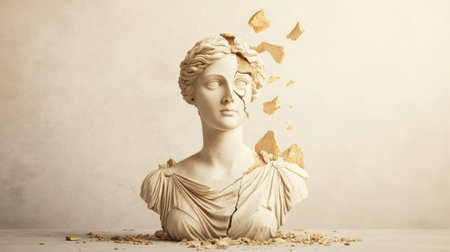 A striking image of a fragmented marble sculpture showcasing a female bust, with details of cracking and broken pieces, evoking themes of beauty and decay.の素材