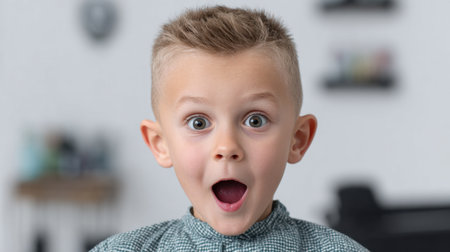 A young boy with short blonde hair shows a surprised expression, embodying pure joy and excitement in a bright and modern indoor setting.の素材