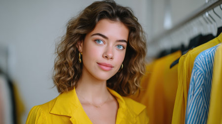 A young woman with curly hair is seen wearing a bright yellow outfit in a modern wardrobe setting, exuding confidence and style. Her charming expression and vibrant attire create a striking visual appeal, perfect for fashion-themed projects.の素材