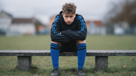A young athlete sits on a bench at a sports field, deep in thought. Capturing the essence of reflection and determination, the image evokes emotions of concentration and focus in youth sports.の素材