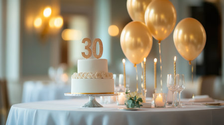 A beautifully arranged table for a 30th birthday celebration featuring a white cake, gold balloons, and soft candlelight, creating a warm and inviting atmosphere.の素材