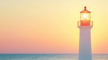 This stunning image captures a bright lighthouse at sunset, casting light over calm waters beneath a vibrant sky. Ideal for themes of tranquility and navigation.の素材