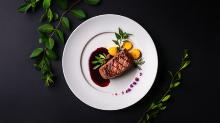 A stunning gourmet plate featuring grilled meat artistically arranged with vibrant garnishes on a dark background, perfect for culinary enthusiasts and food photography.の素材