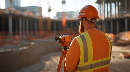 A construction worker is using surveying equipment on a building site, showcasing safety gear and machinery amidst an urban backdrop in bright daylight.の素材