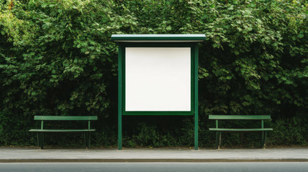 A tranquil bus stop featuring an empty advertisement space framed by lush greenery, complemented by two green benches providing a peaceful urban setting.の素材