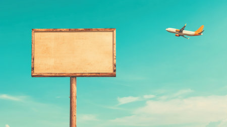 A serene scene featuring an airplane soaring through a bright blue sky next to a blank wooden sign, perfect for advertising travel or leisure activities.の素材